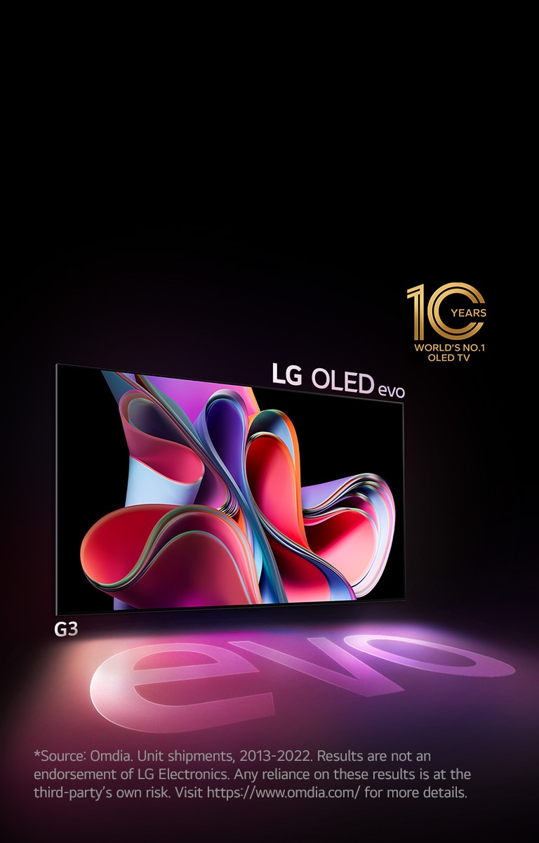 An image of LG OLED G3 against a black backdrop showing a bright pink and purple abstract artwork. The display casts a colorful shadow that features the word "evo." The "10 Years World's No.1 OLED TV" emblem is in the top left corner of the image. 