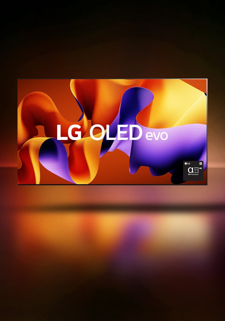 A video opens with 2013's Self Lit OLED and showcases other groundbreaking LG OLED models: the 2017 Wallpaper TV, 2020's rollable LG OLED R, 2022's LG OLED Posé, and ends with 2024's LG OLED evo, which displays a purple and orange abstract artwork, the text "LG OLED evo," and the alpha 11 AI Processor logo. The colors reflect from the screen onto the floor.