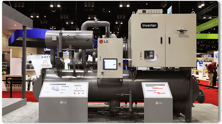 LG's chiller system with inverter unit displayed at trade show, featuring advanced HVAC technology and control panels.