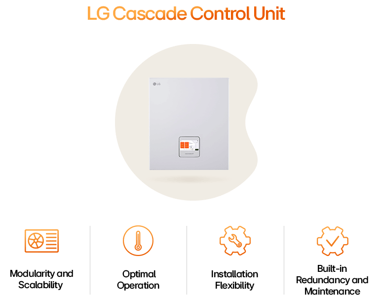 LG infographic highlights Cascade Control Unit’s modularity, flexible installation, optimal operation, and system redundancy.