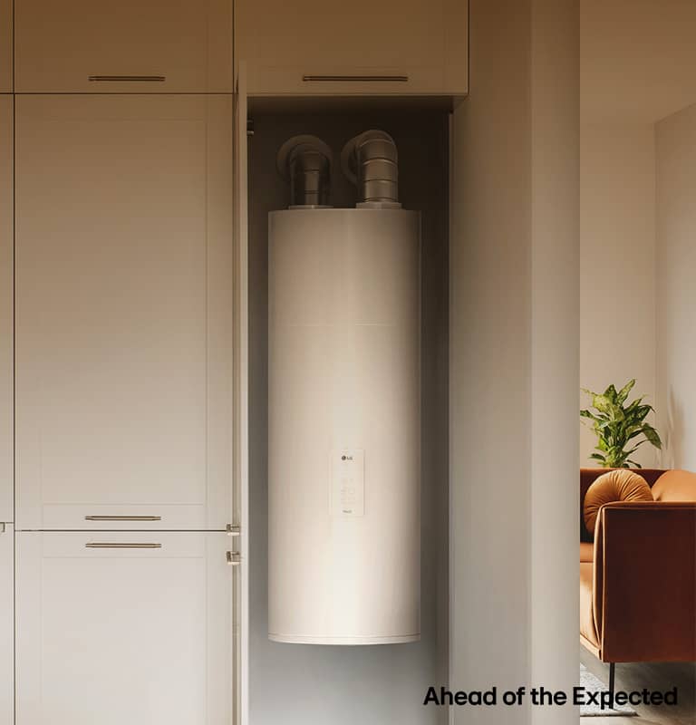 LG heat pump water heaters displayed in a modern kitchen with energy efficiency highlights.