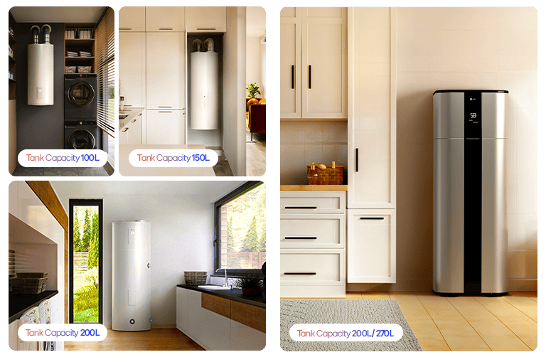 LG heat pump water heaters in home settings, displayed in four sizes: 100L, 150L, 200L, and 200/270L hybrid.