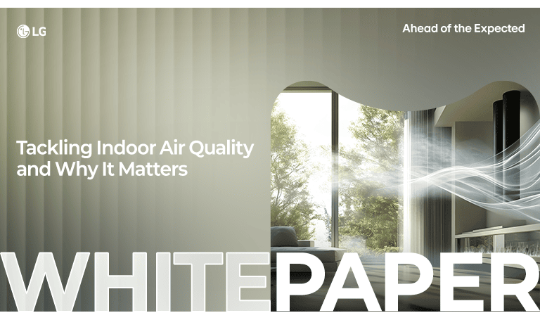 LG white paper cover on indoor air quality, featuring sunlight through a window and the slogan 'Ahead of the Expected'.
