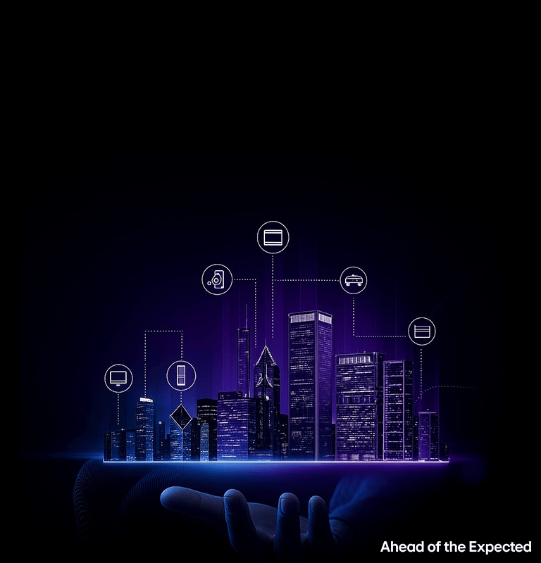 Futuristic smart city held by a hand with connected tech icons and 'Ahead of the Expected