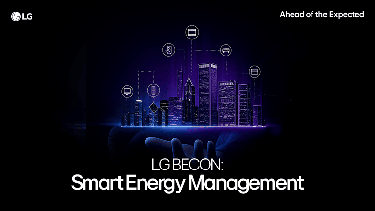 LG BECON Smart Energy Management concept with city skyline and digital energy icons