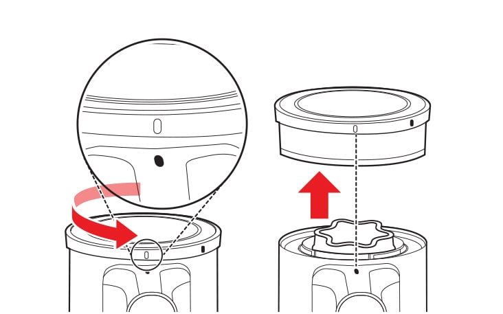 Remove the battery from the product body Rotate the exhaust filter to the unlocked position to separate it from the product body