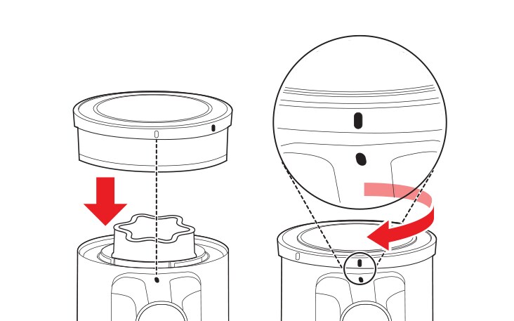 Insert the clean dry pre-filter and rotate the exhaust filter to the locked position to reassemble it on the product body