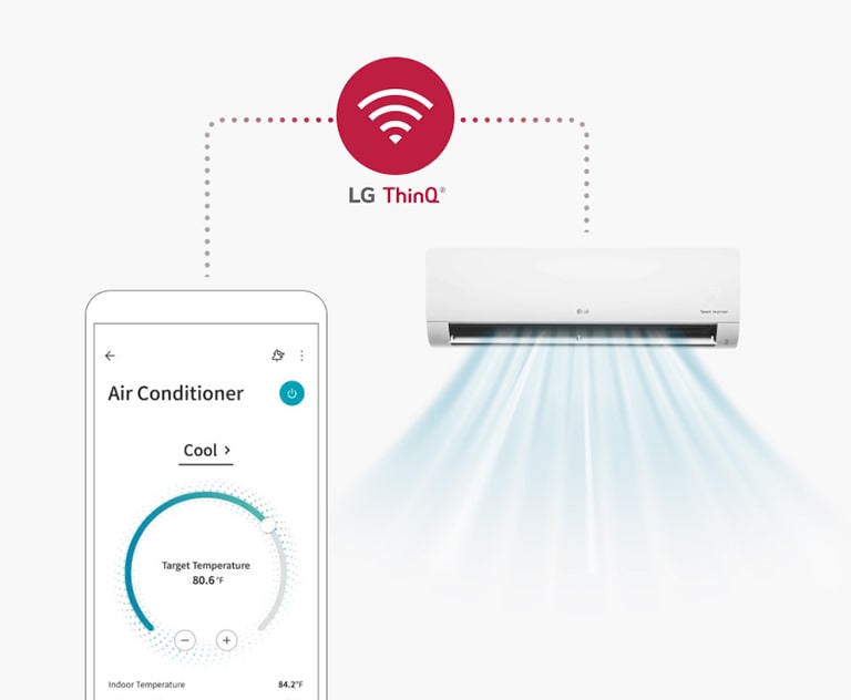 A smartphone showing the LG ThinQ app sits on the left, connected to an LG Wall-mounted unit housed in an outline on the right via a dotted line.	