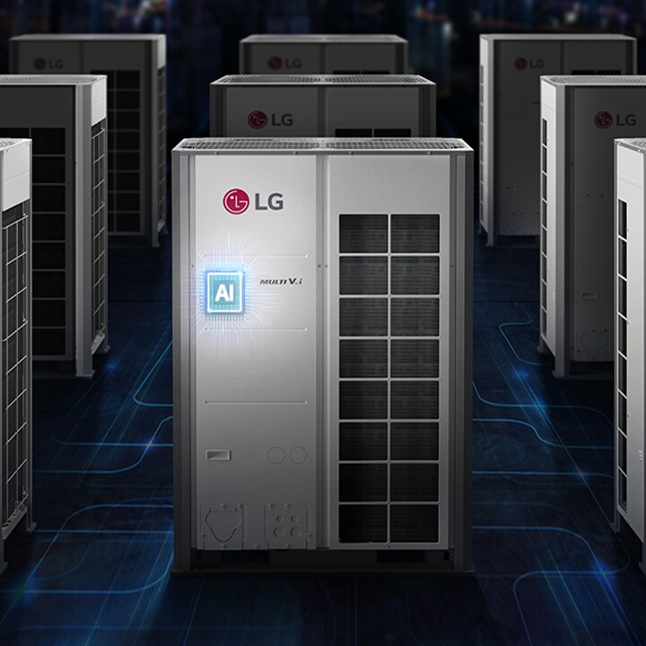In a futuristic scene, a 2x2 row of LG MULTI V i outdoor units is showcased. The central unit stands out with a blue glowing AI chip at its core.