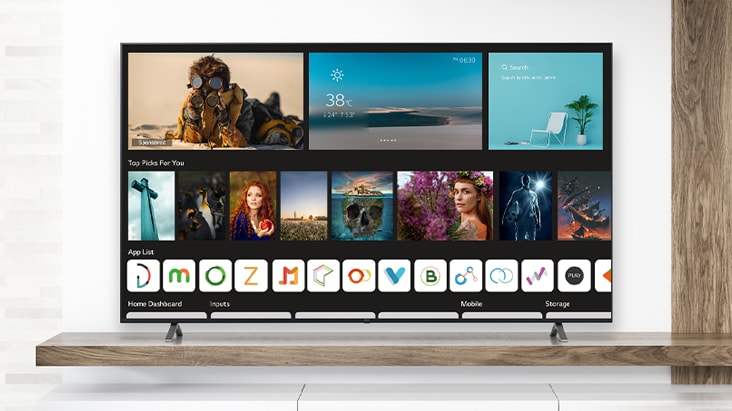 The TV is displaying a home screen with various content.	