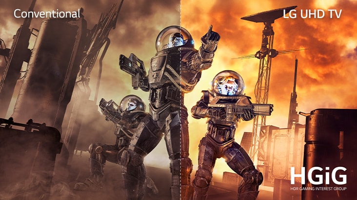 The same game scene is being shown more clearly on the UHD TV screen with the HGiG function compared to a conventional screen.	