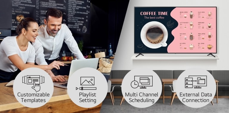 Cafe managers are managing content to be displayed on the in-store display using LG SuperSign CMS.
