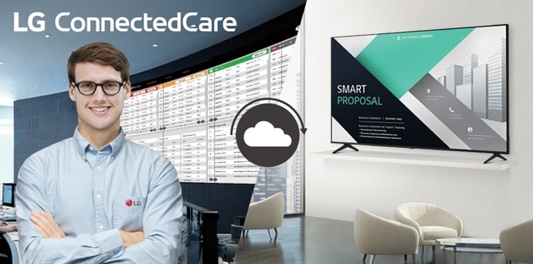 The LG employee is remotely monitoring the PK640S series installed in another location using the cloud-based LG monitoring solution.