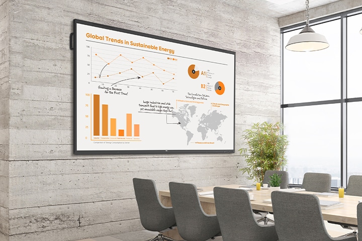 In the conference room, there's a large TR3PN installed on the wall, vividly displaying materials for the meeting on the screen.	