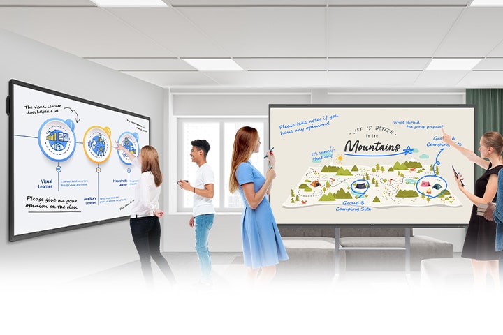 In the ideation space of the lecture room, there are two TR3PNs—one mounted on the wall and the other a stand-alone unit. Students freely share their opinions by writing on the TR3PNs.	