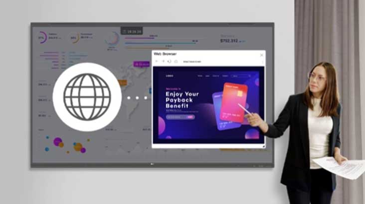 During the presentation, a woman is using the web browser feature of the TR3PN, searching in real-time, and sharing the results with others.	