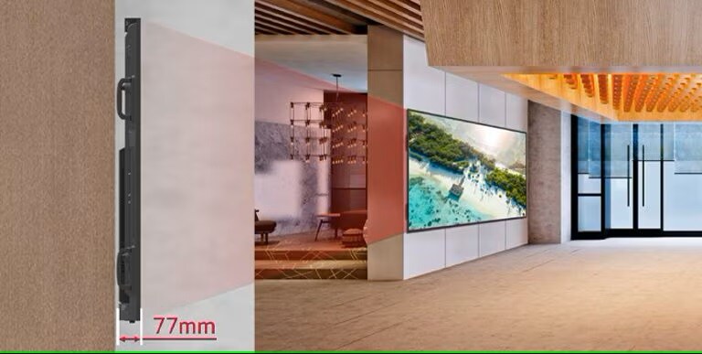 The 105BM5P is installed on the building's lobby wall, with an enlarged view of its side profile visible to the left.	