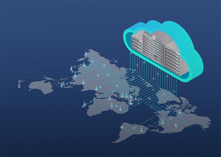 Different regions around the world are connected through the cloud server.	