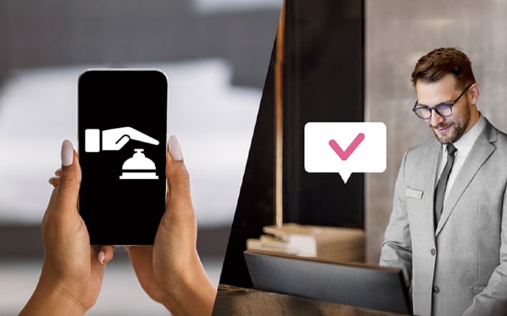 On the left, a scene depicting a customer requesting room service via phone is displayed, while on the right, a hotelier is depicted checking customer requests in real-time using a PC.