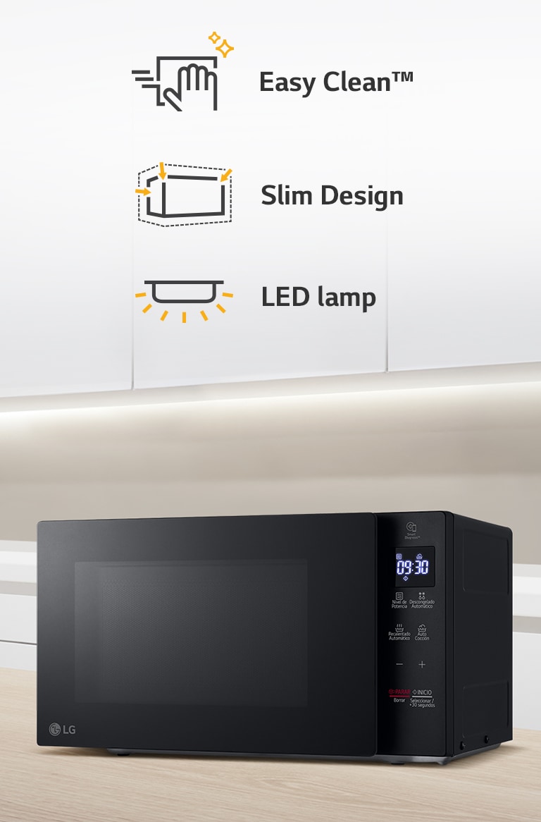 There is a microwave oven in the kitchen and icons representing three key features.