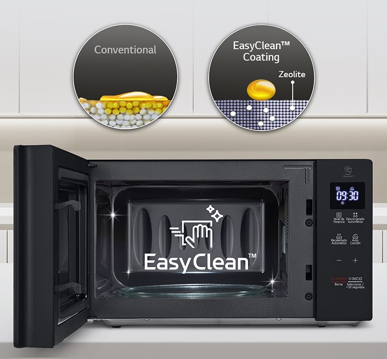 There is a microwave with an open door, and there is an explanation that is easy to clean inside.