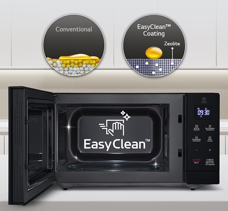 There is a microwave with an open door, and there is an explanation that is easy to clean inside.