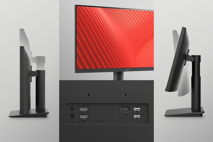 The image shows slim bezel on three sides, various ports, and the tilt and height view of the monitors.