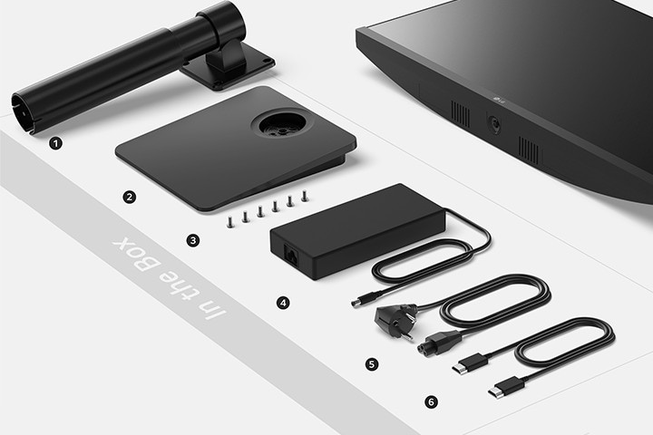 Stand body, Stand base, Screws, Power adapter, Power code and HDMI cable in the box.