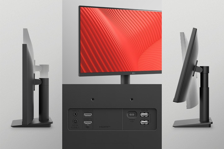 The image shows slim bezel on three sides, various ports, and the tilt and height view of the monitors.