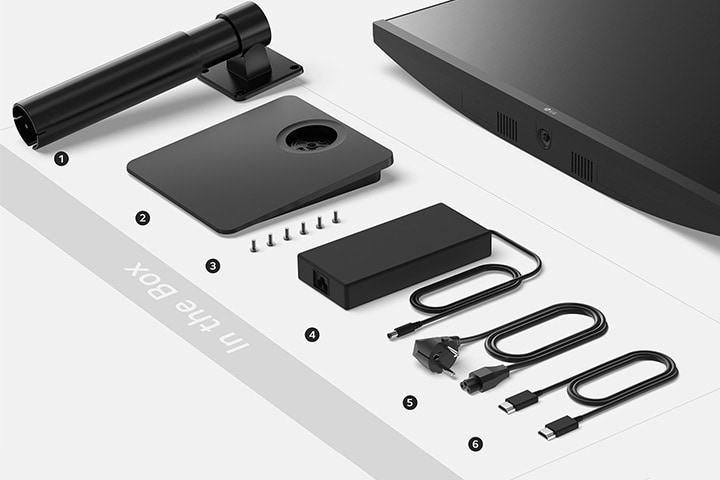 Stand body, Stand base, Screws, Power adapter, Power code and HDMI cable in the box.