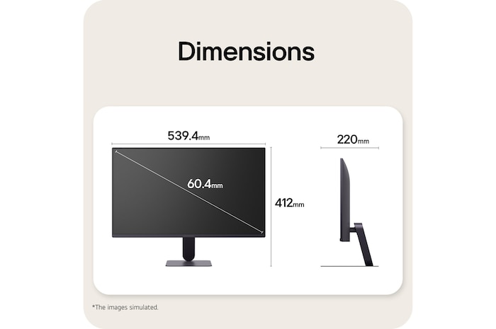 Front and side views of a gaming monitor illustrating its overall dimensions and profile design.