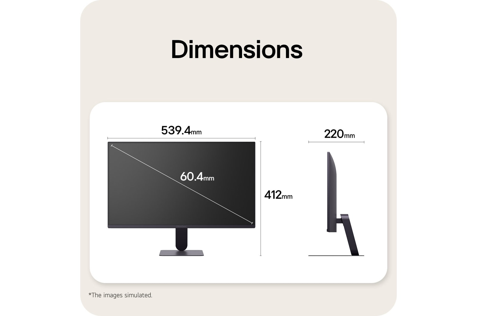 Front and side views of a gaming monitor illustrating its overall dimensions and profile design.