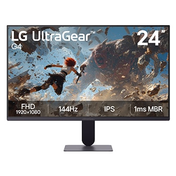 This image shows the front view of the LG UltraGear G4 24-inch gaming monitor, featuring IPS display with FHD (1920×1080) resolution, a 144Hz refresh rate, and 1ms MBR, emphasizing fast performance and smooth gameplay for gaming use, displaying game imagery.