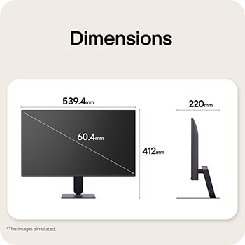 Front and side views of a gaming monitor illustrating its overall dimensions and profile design.