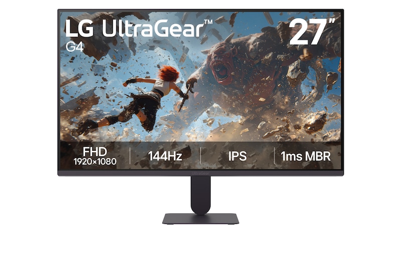 This image shows the front view of the LG UltraGear G4 27-inch gaming monitor, featuring IPS display with FHD (1920×1080) resolution, a 144Hz refresh rate, and 1ms MBR, emphasizing fast performance and smooth gameplay for gaming use, displaying game imagery.