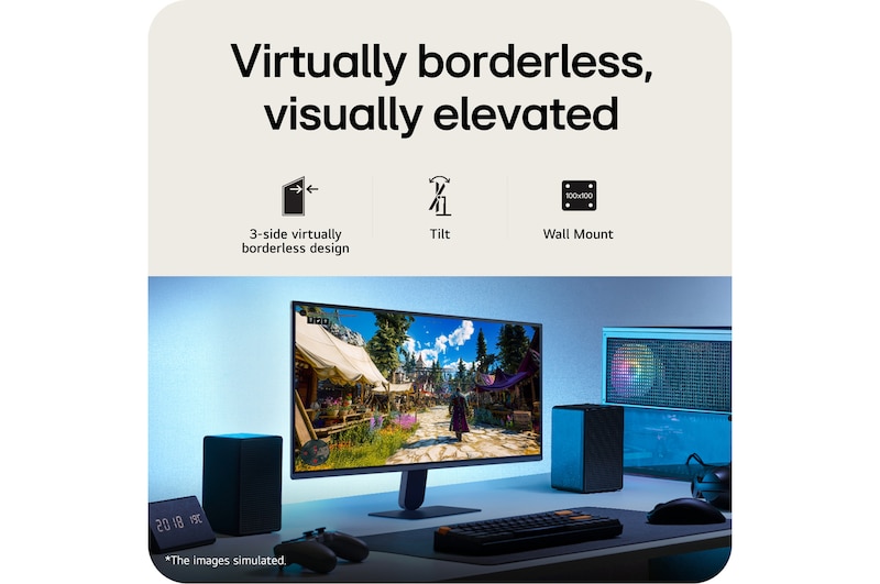 This image shows an UltraGear™ gaming monitor in a desk setup displaying a game scene, with icons indicating 3-side borderless design, height adjustment, tilt support, and wall mount compatibility.