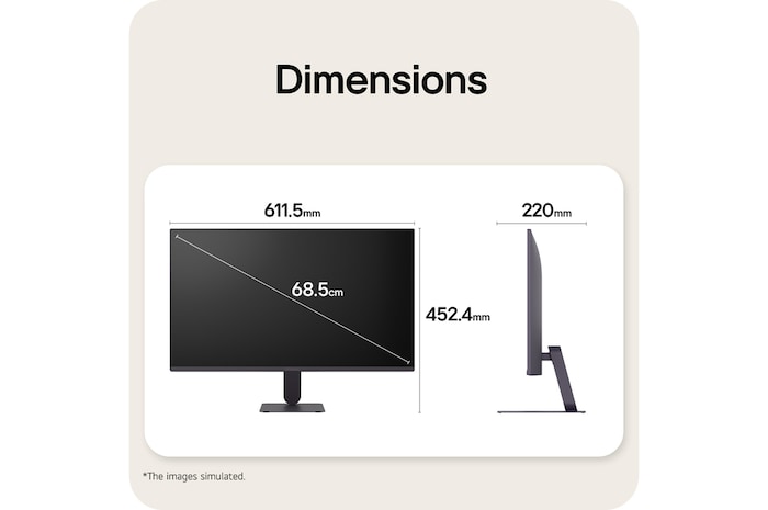Front and side views of a gaming monitor illustrating its overall dimensions and profile design.