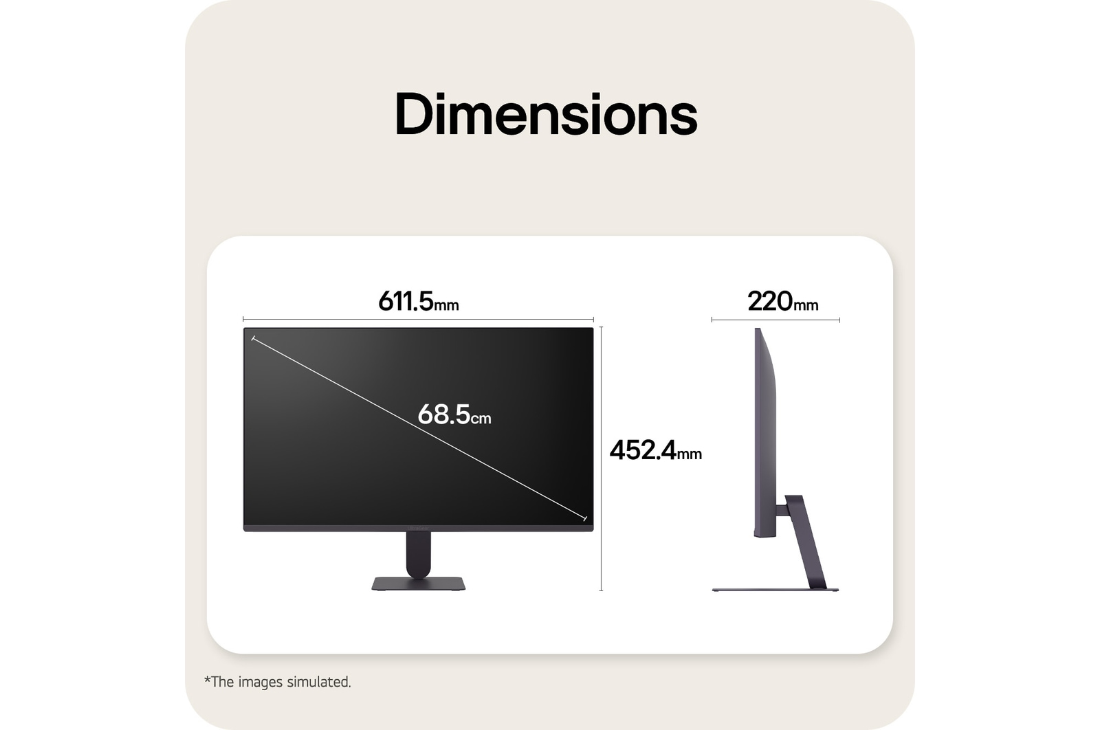 Front and side views of a gaming monitor illustrating its overall dimensions and profile design.