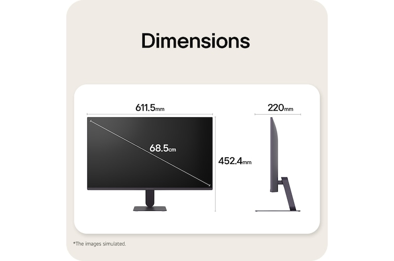 Front and side views of a gaming monitor illustrating its overall dimensions and profile design.