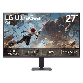 This image shows the front view of the LG UltraGear G4 27-inch gaming monitor, featuring IPS display with FHD (1920×1080) resolution, a 144Hz refresh rate, and 1ms MBR, emphasizing fast performance and smooth gameplay for gaming use, displaying game imagery.