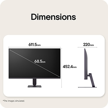 Front and side views of a gaming monitor illustrating its overall dimensions and profile design.