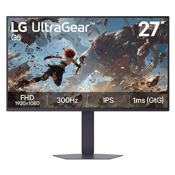 Front view of the LG UltraGear G5 27-inch gaming monitor, featuring an IPS display with FHD (1920×1080) resolution, a 300Hz refresh rate, and a 1ms (GtG) response time, displaying game imagery.
