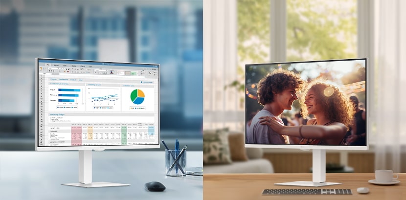 A photo showcasing LG Smart Monitors in a office and home.