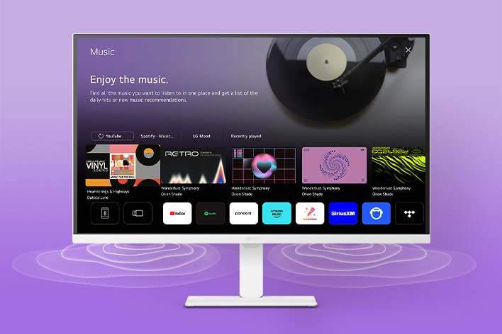 The LG Smart Monitor screen displays the music apps interface.
