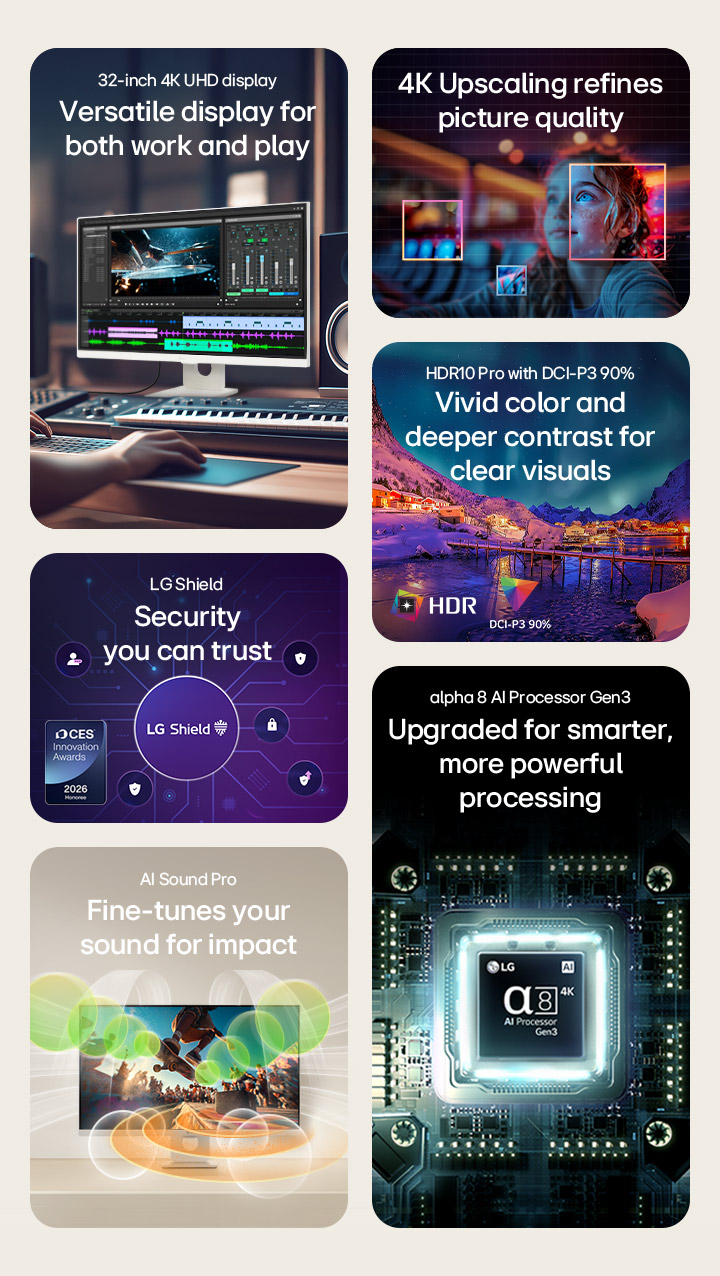 Summary video showcasing LG Smart Monitor features including 32 inch 4K UHD display, AI Picture Pro, HDR10 Pro with DCI-P3 90%, AI Sound Pro, α8 AI Processor Gen3, and LG Shield security.