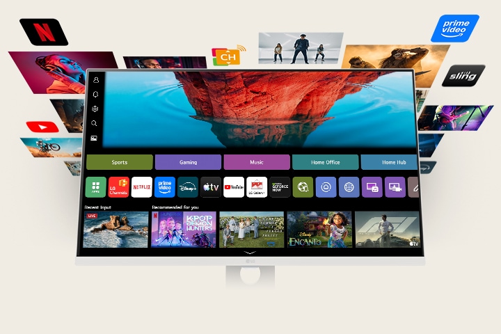 LG Smart Monitor showing the webOS home screen with streaming apps and content tiles, surrounded by floating entertainment visuals like movies, sports, and shows, highlighting all in one smart streaming, content discovery, and home entertainment experience