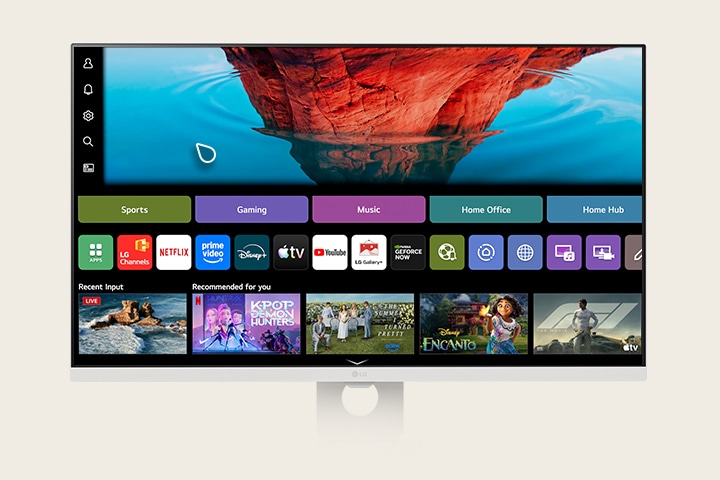 LG Smart Monitor displaying the webOS home interface with LG Channels app among streaming services, showing content recommendations, sports, gaming, music, and home hub categories, highlighting smart TV style navigation and built in streaming experience