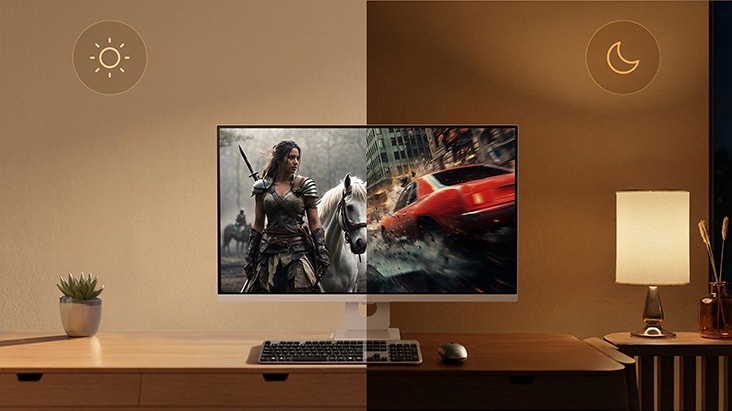 LG Smart Monitor demonstrating Auto Brightness Control adjusting screen brightness between bright daytime and dim nighttime environments, showing comfortable viewing in different lighting conditions on a desk setup with ambient lamp and cinematic content on screen