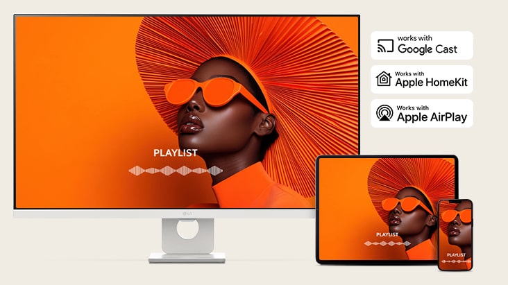 The same screen is being shared across a LG Smart Monitor, laptop, tablet, and smartphone using AirPlay 2 and Screen Share.