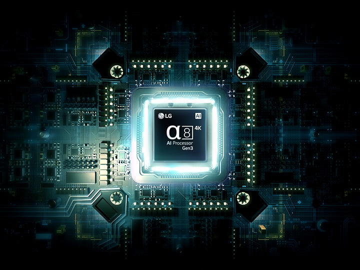 The alpha 8 AI Processor 4K Gen3 performance visualization with glowing chip and light effects, highlighting high performance processing, AI driven picture and sound optimization, and advanced smart display technology